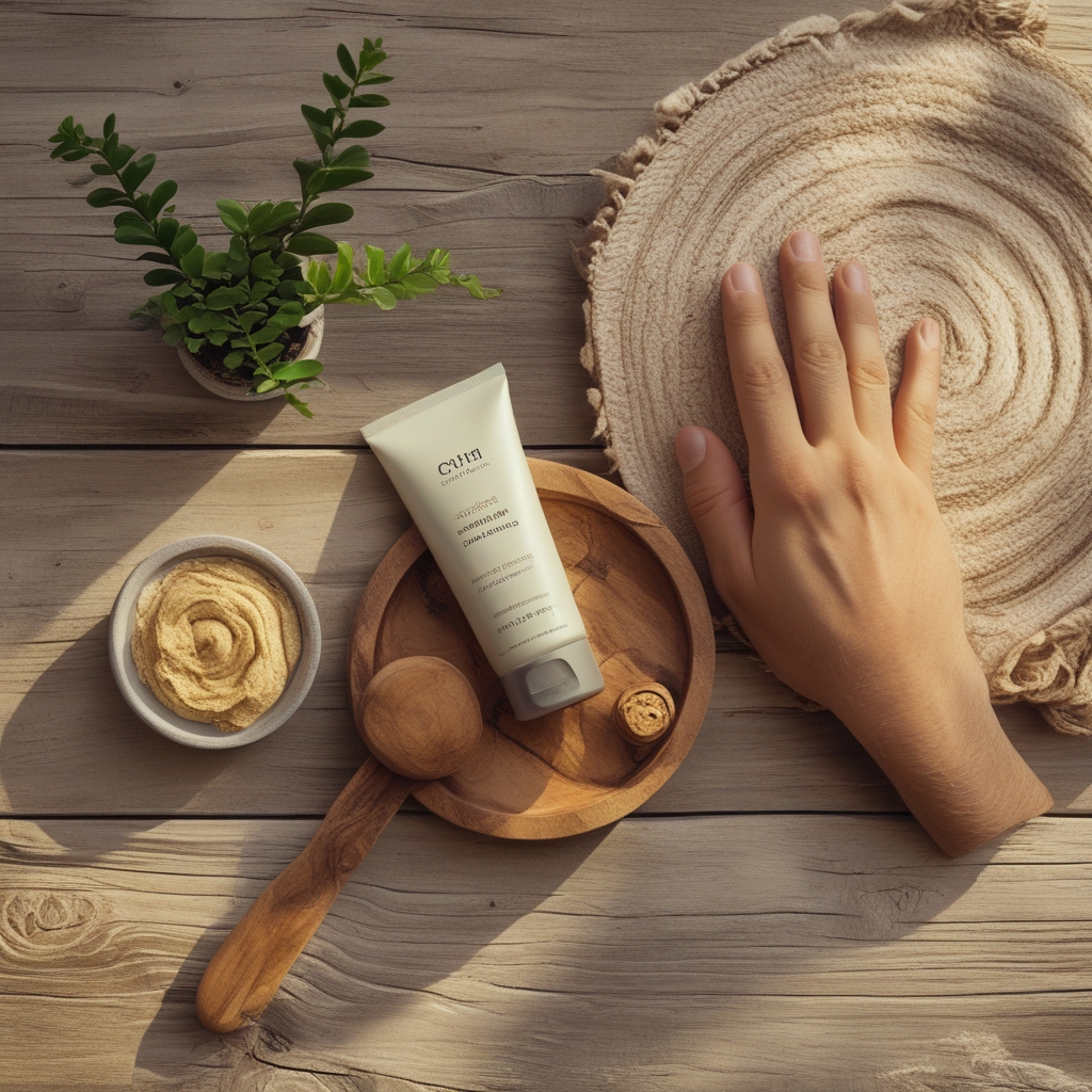 Meja kayu yang rapi dengan bahan-bahan perawatan diri alami: krim berwarna putih dalam wadah kaca kecil, minyak esensial dalam botol gelap, handuk putih bersih terlipat, dan tanaman hijau kecil