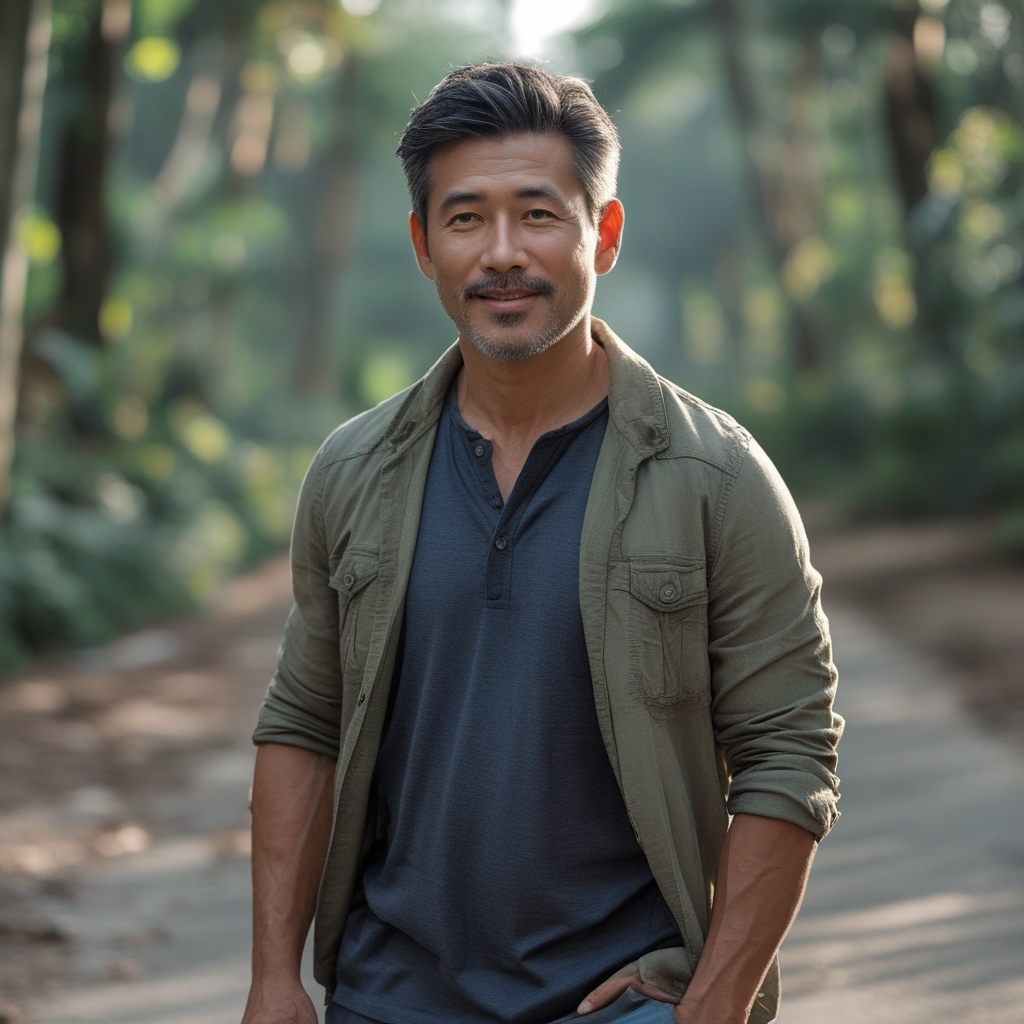 Pria paruh baya berusia sekitar 45 tahun sedang berjalan di jalan setapak hutan dengan pemandangan pepohonan hijau lebat, mengenakan pakaian olahraga kasual, tampak sehat dan bersemangat