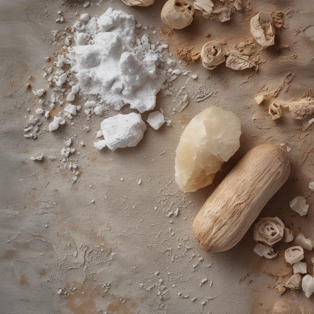 Koleksi bahan alami segar di atas permukaan marmer putih: akar jahe, kunyit segar, bawang putih, biji wijen, rempah-rempah kering dalam sendok kayu kecil, tampak rapi dan estetik