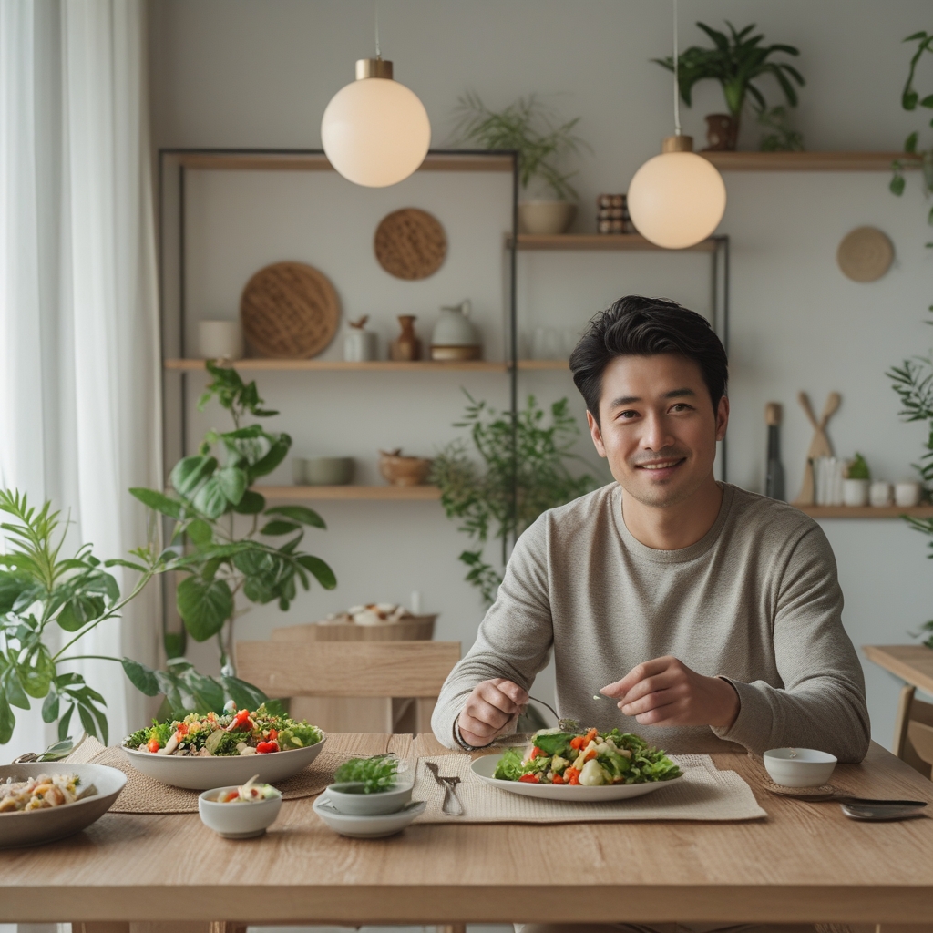 Meja makan dengan hidangan sehat seimbang: salad sayuran warna-warni dalam mangkuk besar, ikan panggang di piring, segelas air putih, dan buah-buahan segar, suasana makan siang yang tenang di ruang makan modern
